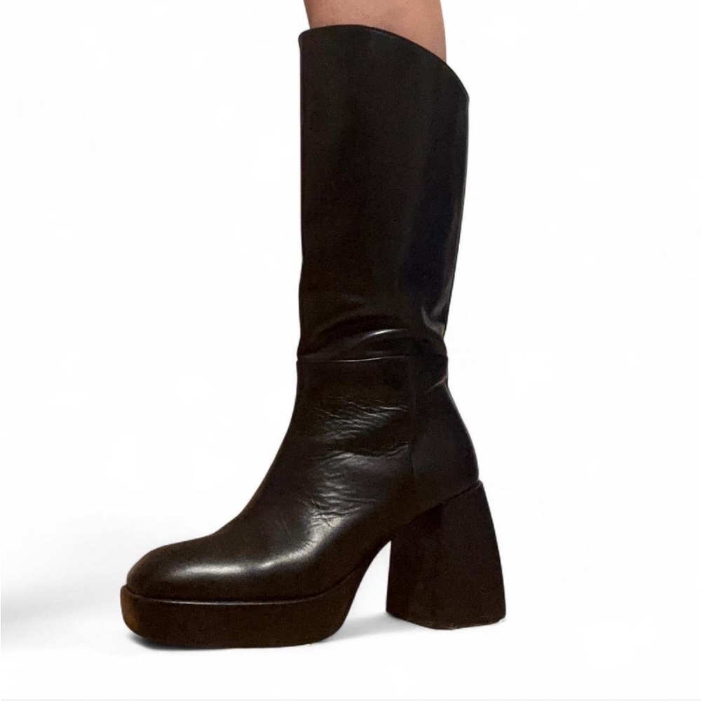 Pons Quintana Black Leather Mid Calf Heeled Platform Boot